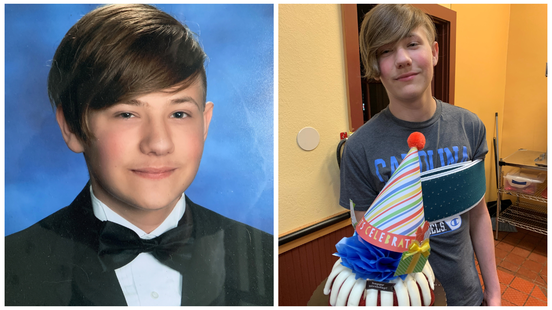 Matthew Carter, CVICU patient, yearbook photo and picture of him on his birthday in his sling