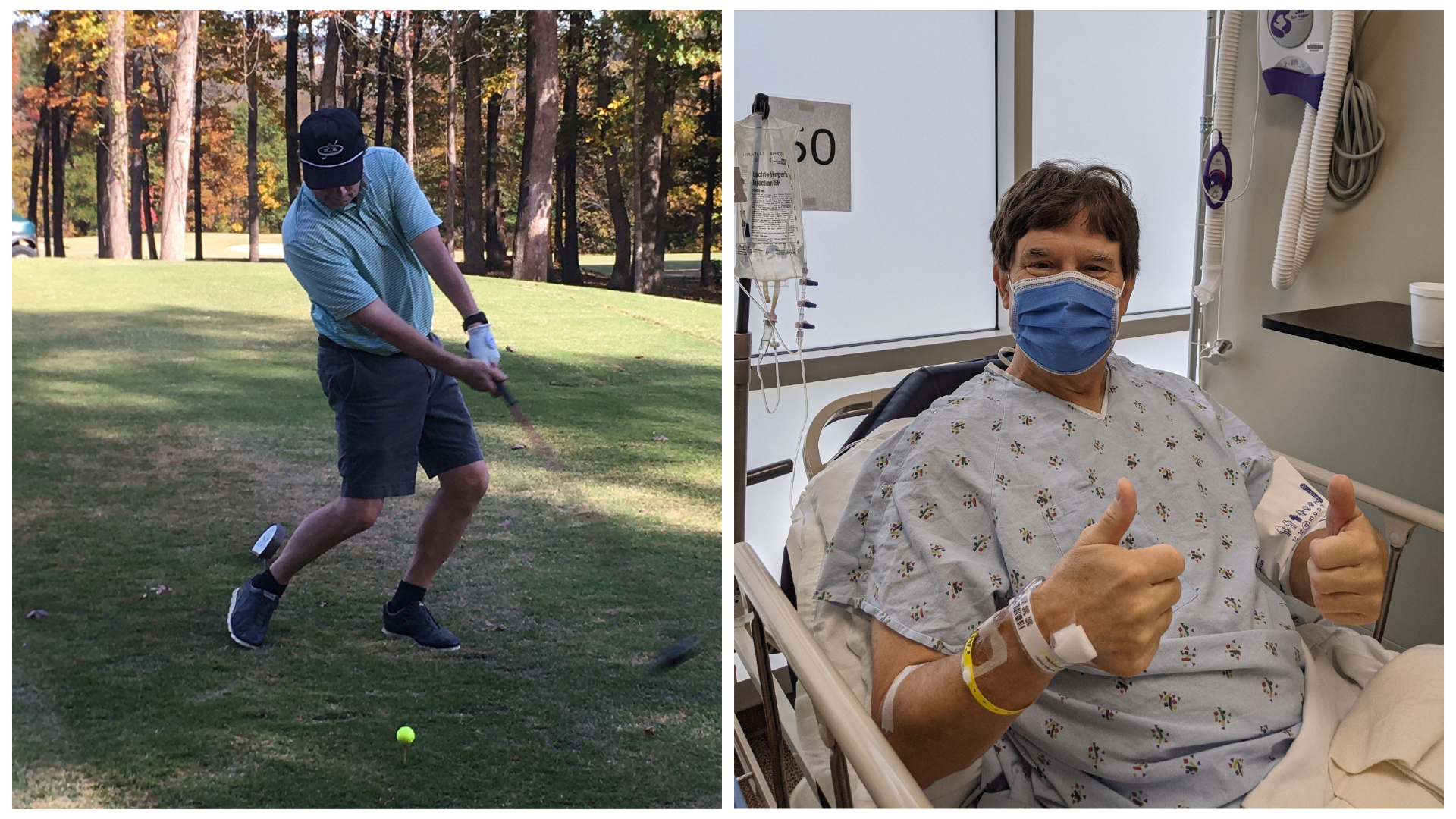 Scott Plassman in the hospital recovering from hip replacement surgery and Scott soon after playing golf