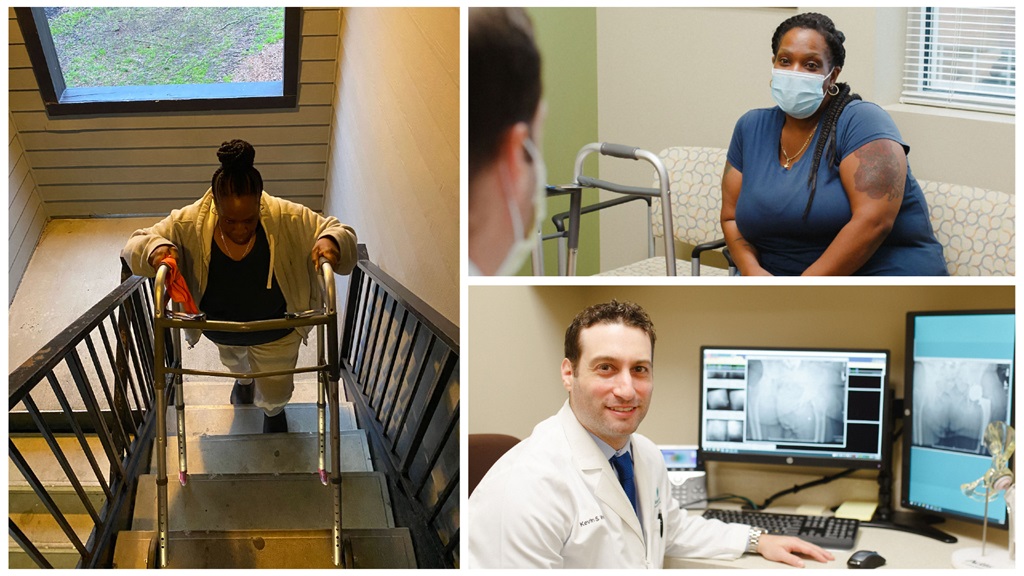 MSKI patient Tonya walks up the stairs with her walker and sits in the doctor's office for a consultation with Dr. Weiss