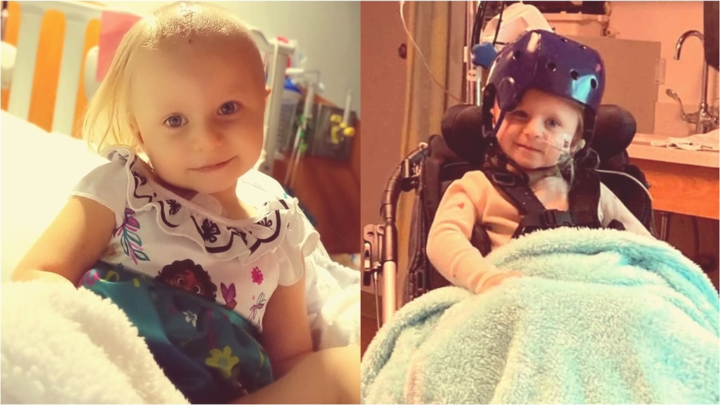 Two images of a little girl sitting in hospital bed 