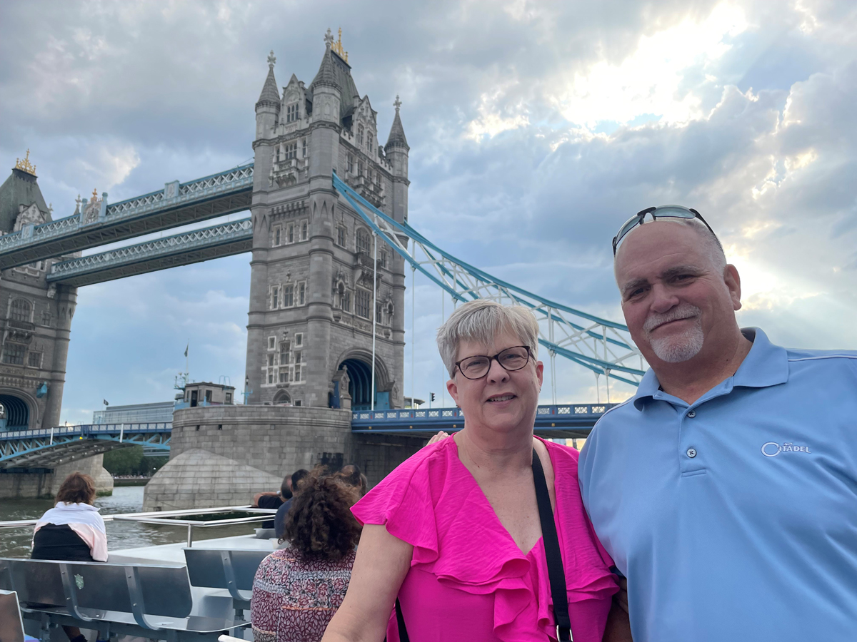 Suzanne in London on a boat