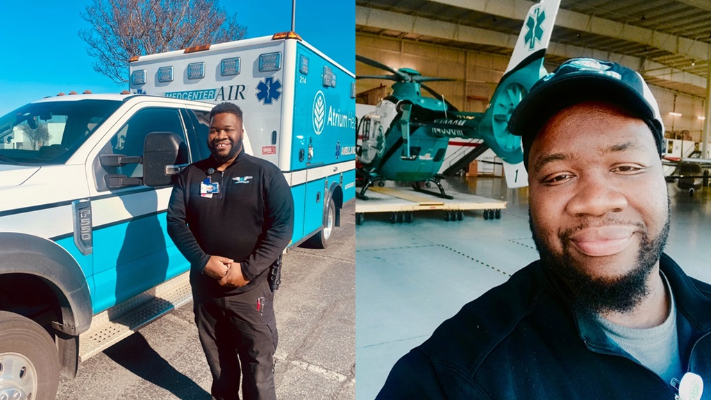 Man standing next to ambulance on the left and a picture of him by an aircraft on the right