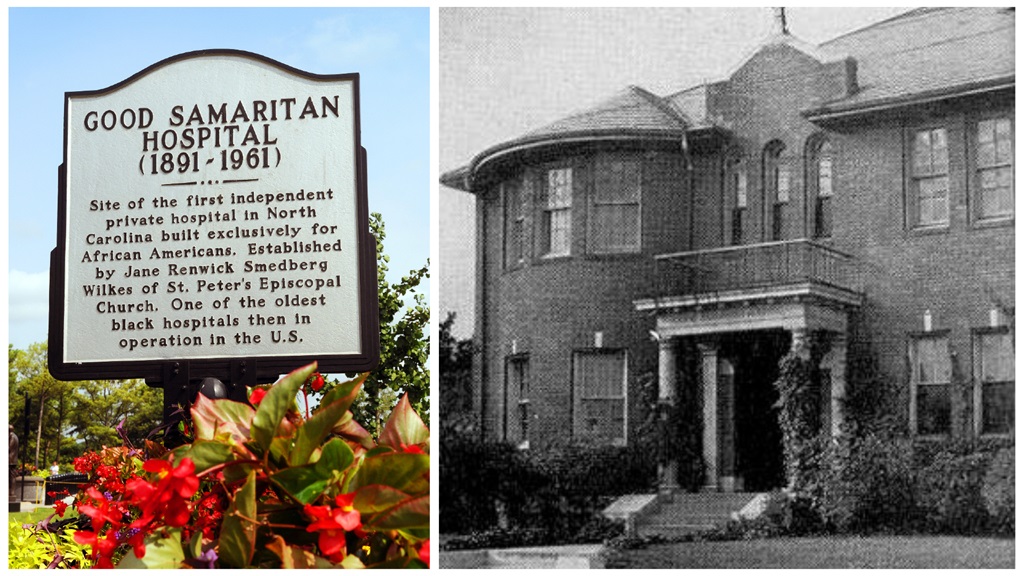 Good Samaritan Hospital plaque and historical photo of original building 