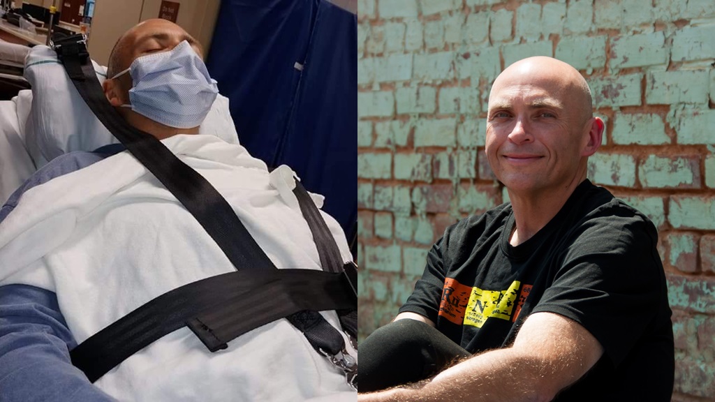 Stroke patient, Steven Yost in the hospital on the left and the smiling outside on the right 