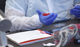  medical researcher in a lab coat and blue gloves handling various research materials.
