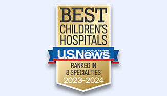 A gold badge with a blue and red ribbon recognizing the best children's hospitals ranked in 8 specialties in 2023-2024.