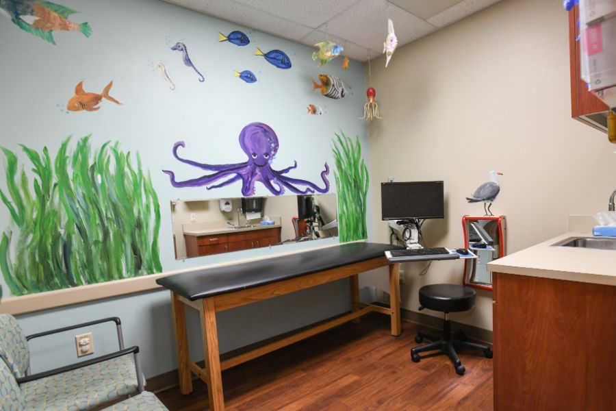 Inside of a Atrium Health Levine Children's Cabarrus Pediatrics exam room with inviting octopus and fish painted on the wall.