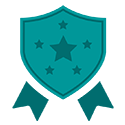 A teal ribbon badge with 4 small stars surrounding a large star in the middle of the graphic.